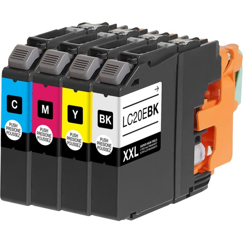 ENSEMBLE COMBO DE CARTOUCHE JET D'ENCRE BROTHER LC20E BK/C/M/Y XXL COMPATIBLE NOIR/CYAN/MAGENTA/JAUNE