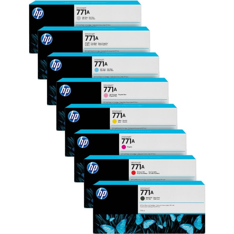 ENSEMBLE COMBO DE CARTOUCHE JET D'ENCRE HP771 BK/R/M/Y/LM/LC/PBK ORIGINALE NOIR MAT/ROUGE/MAGENTA/JAUNE/MAGENTA CLAIR/CYAN CLAIR/NOIR PHOTO/GRIS CLAIR