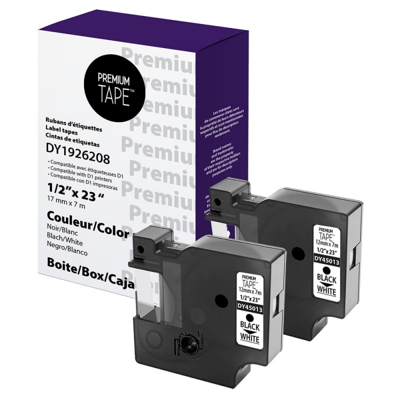 Dymo 1926208 Ruban D1 compatible Noir sur Blanc 12mm / Boite de 2