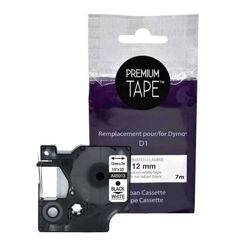 Dymo 45013 Ruban 12mm (1 / 2'' x 23') compatible noir sur blanc