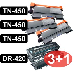 CARTOUCHE DE TONER LASER BROTHER 3X TN450 ET 1X TAMBOUR DR420 COMPATIBLE