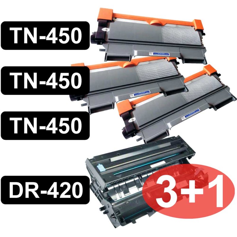 CARTOUCHE DE TONER LASER BROTHER 3X TN450 ET 1X TAMBOUR DR420 COMPATIBLE